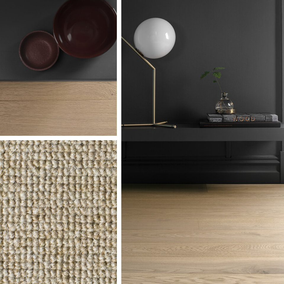 Collage av bestående av Shade Eik Soft Beige parkett og Borneo vegg-til-vegg teppe