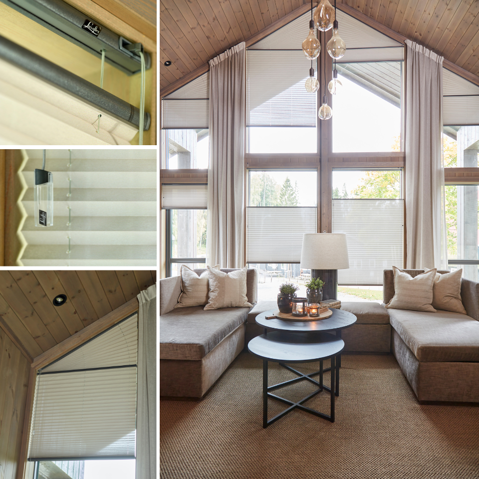 Hyttestue med plisségardin i ulike høyder