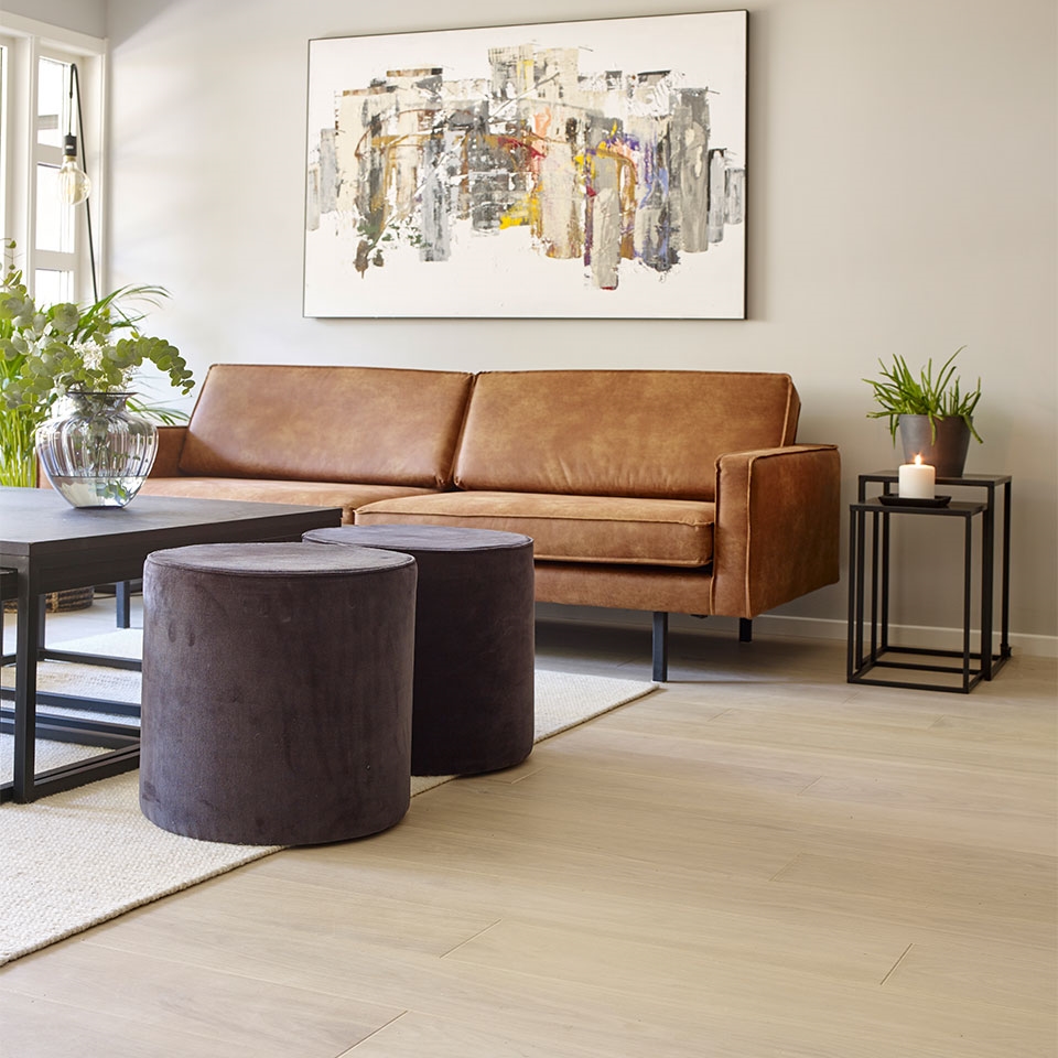 Brun sofa og beige teppe i stue.