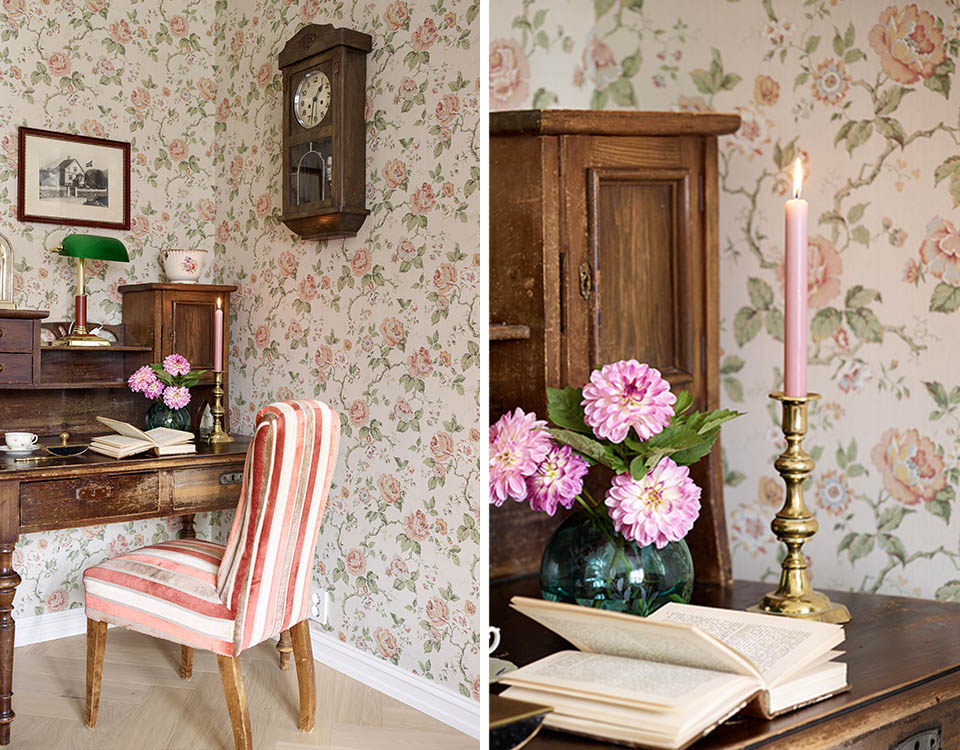 Skrivebord og stripete stol.