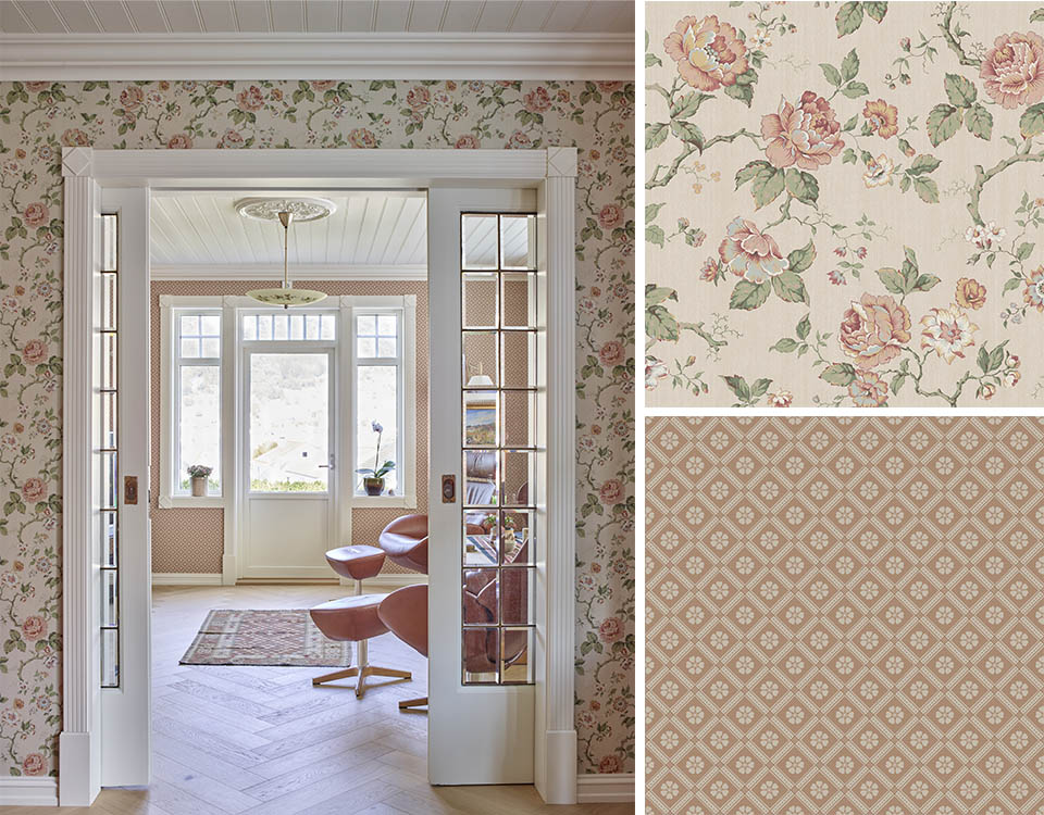 Blomster tapet i stue.