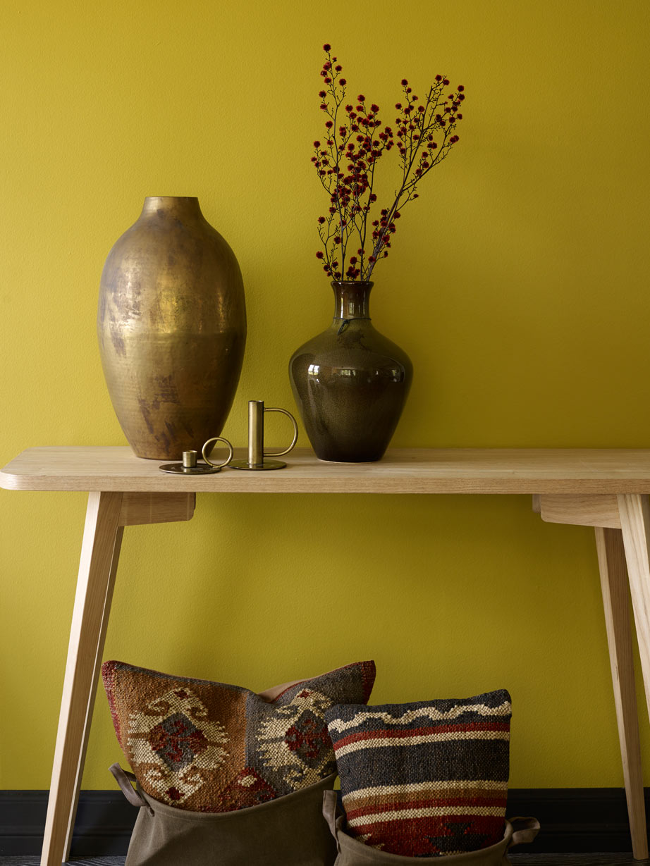 Bord med krukker foran skilpadde-grønn vegg