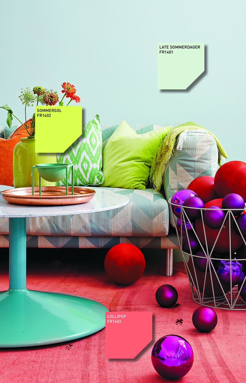 Årets Farge 2014 - Norsk Sommer - Late Sommerdager FR1401 pa° vegg Lollipop FR1403 pa° teppe.jpg