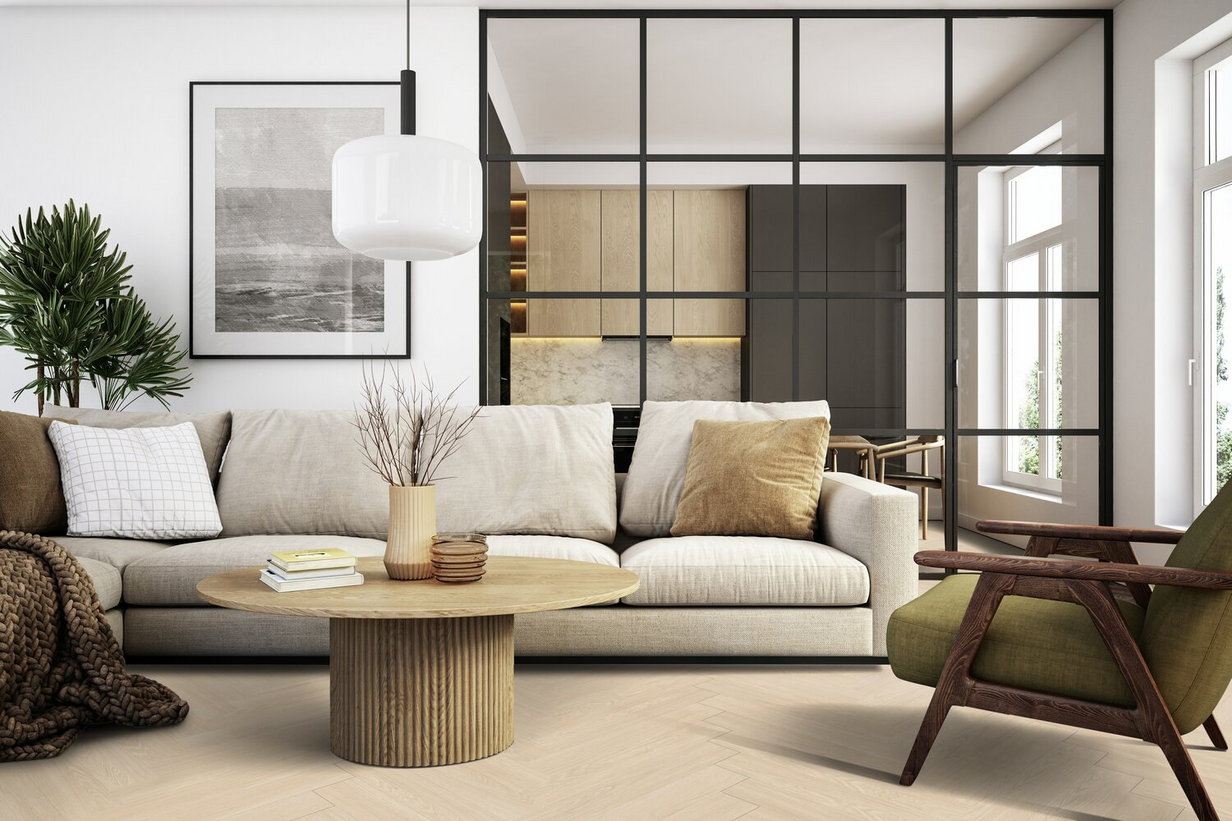 Gerflor Virtuo 55 Rigid Acoustic Blomma Cream Herringbone Klikkvinyl