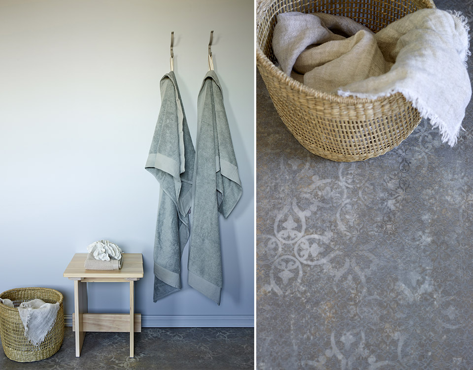 Sjørbris kombinert med Aquarelle Carcassonne Concrete Blue Våtromsbelegg