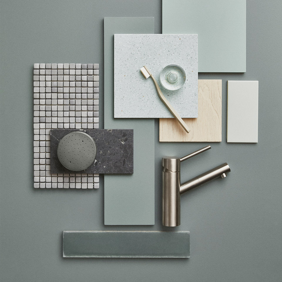 Blå Grønn farger vaskerom moodboard